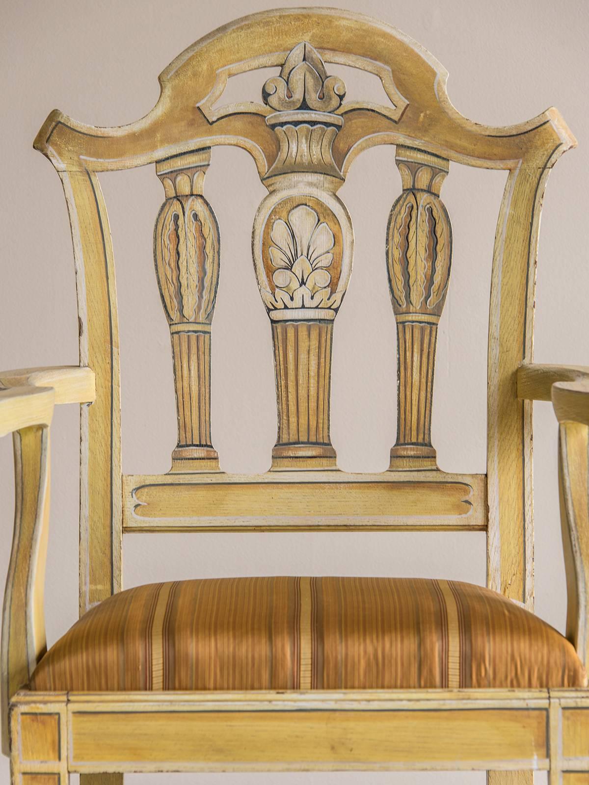 Chinese Chippendale Set of Eight English Chippendale Style Chairs, Original Painted Decoration, 1890