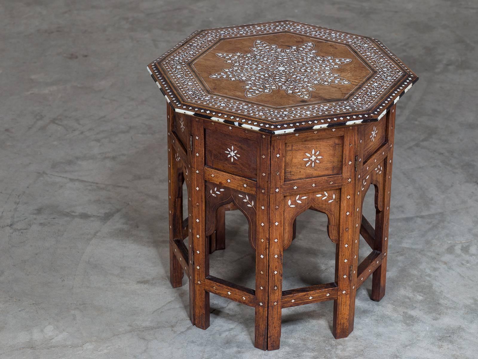 British Colonial Antique Inlaid Indian Folding Table from Hoshiapur, circa 1890