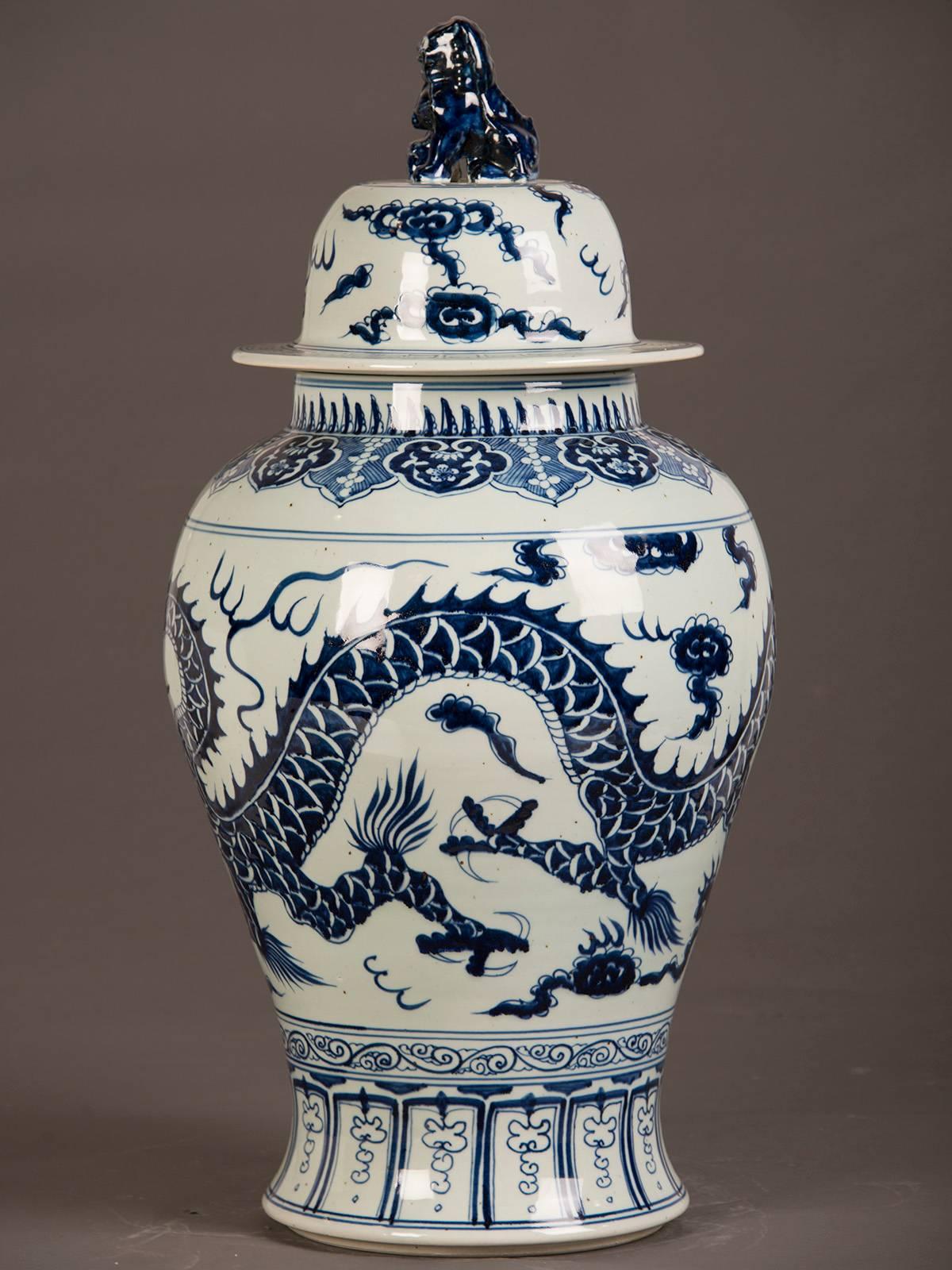 Late 20th Century Vintage Chinese Blue and White Temple Jar with Lid, circa 1975