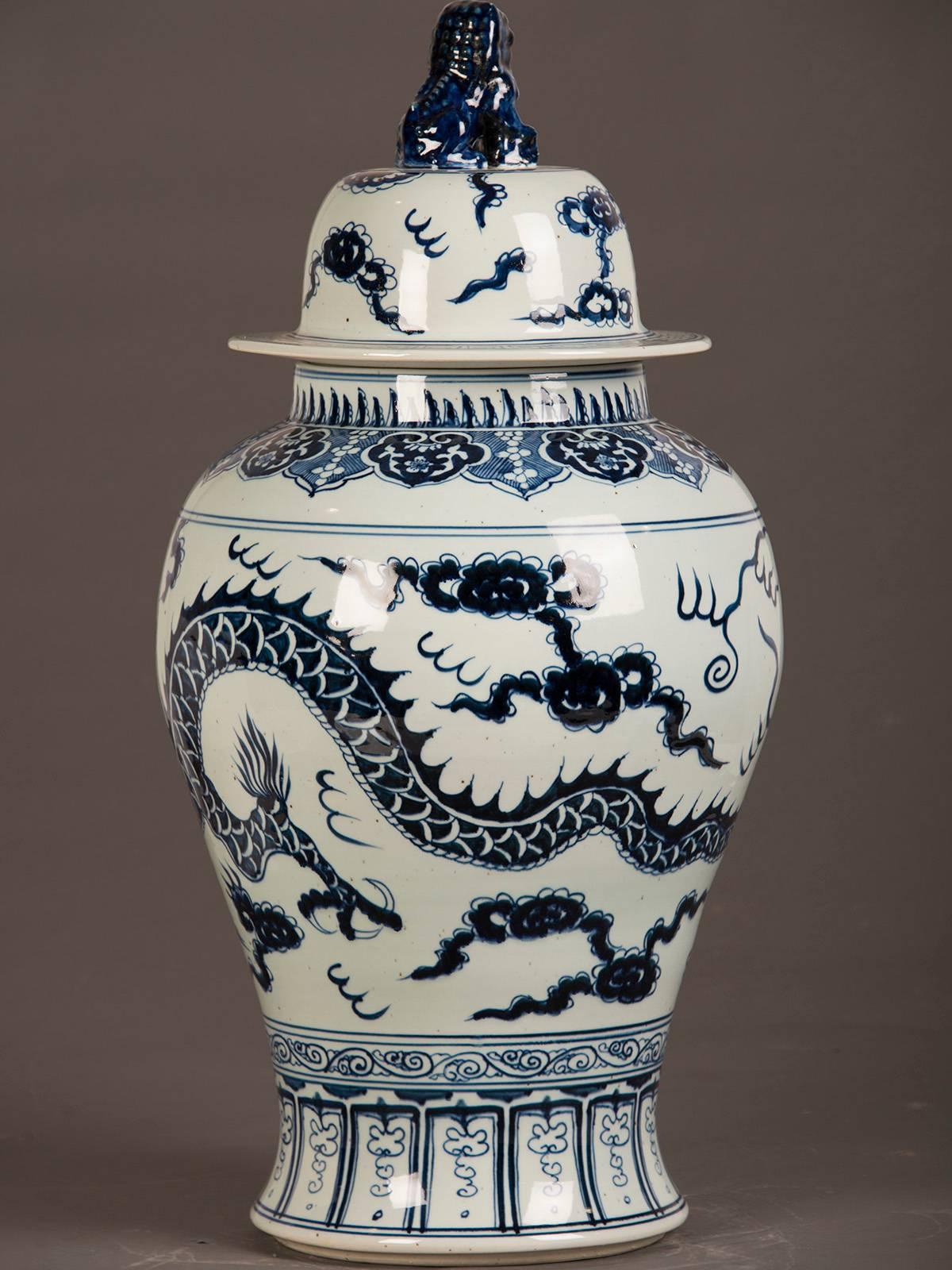 Porcelain Vintage Chinese Blue and White Temple Jar with Lid, circa 1975