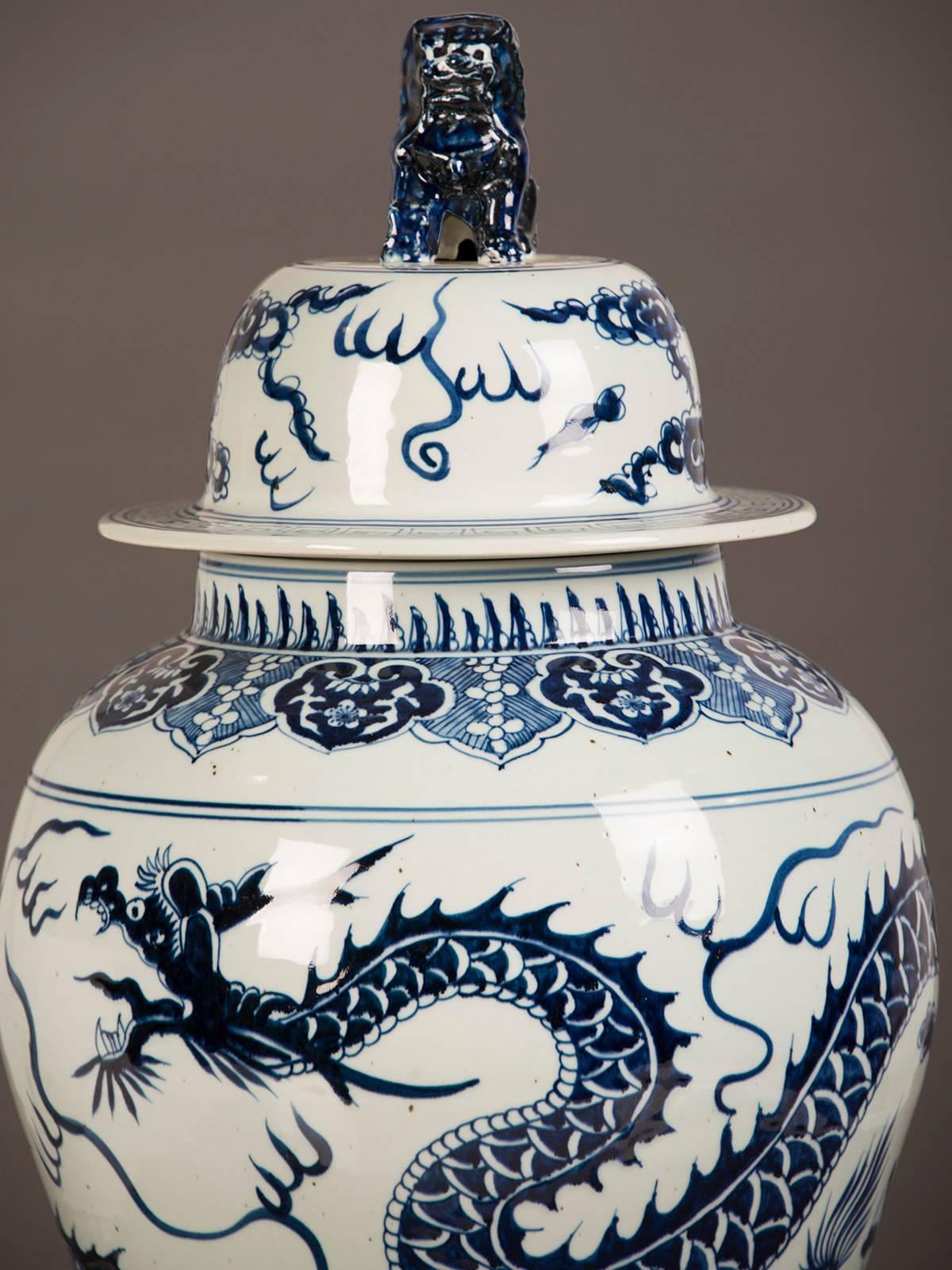 Hand-Painted Vintage Chinese Blue and White Temple Jar with Lid, circa 1975