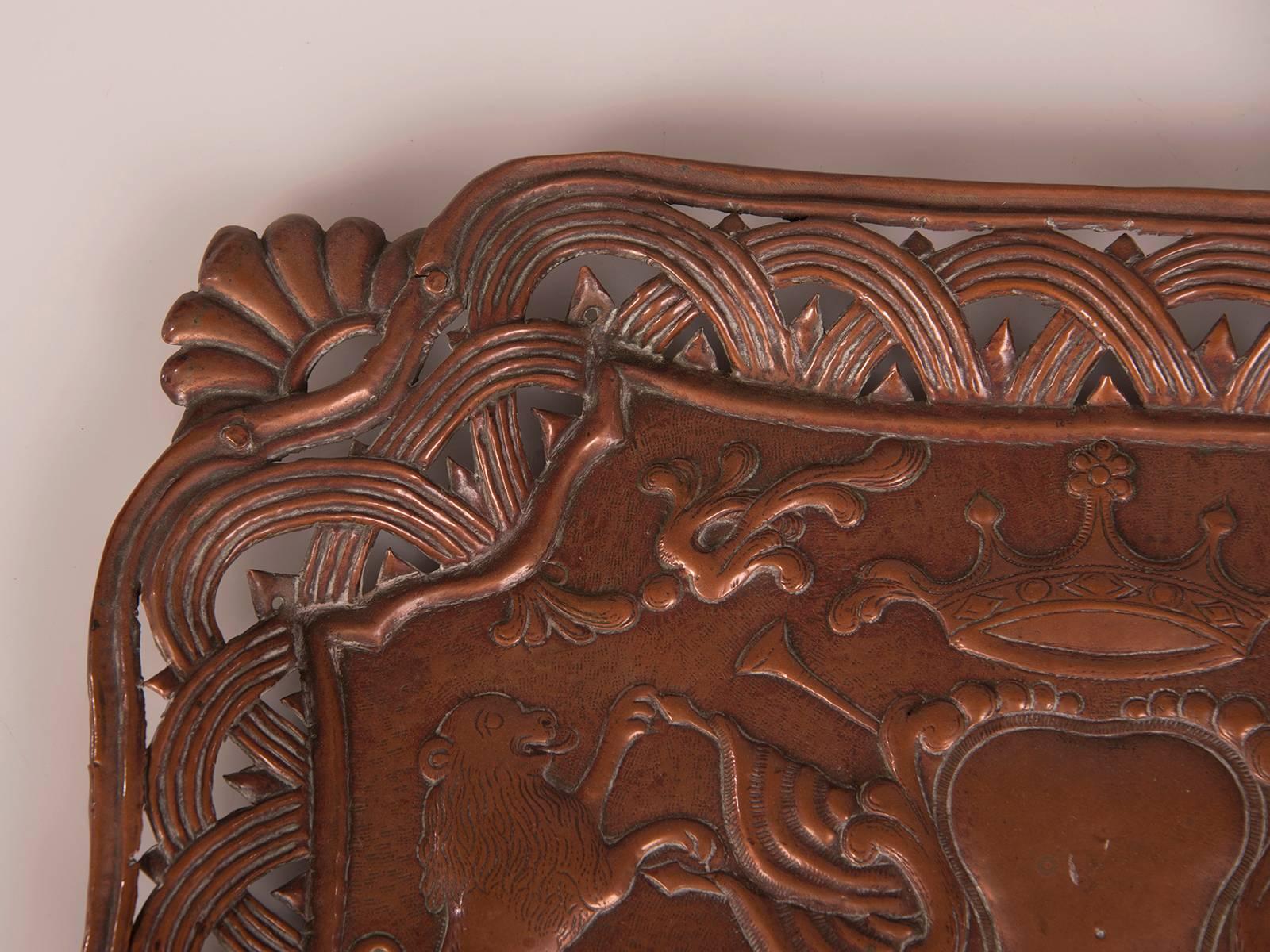 Receive our new selections direct from 1stdibs by email each week. Please click on “Follow Dealer” button below and see them first!

This antique French pressed copper rectangular tray circa 1890 features a pair of heraldic lions rampant beneath a