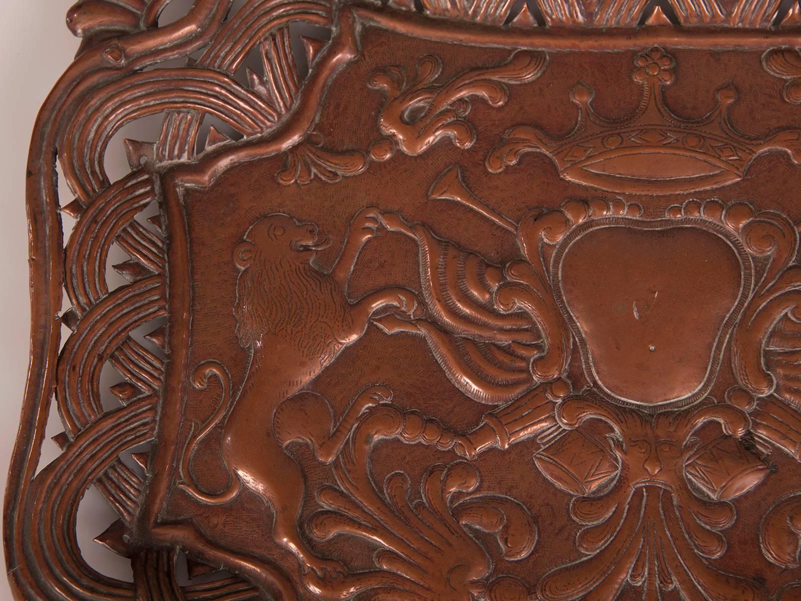Baroque Antique French Copper Tray with Heraldic Lions, circa 1890 For Sale