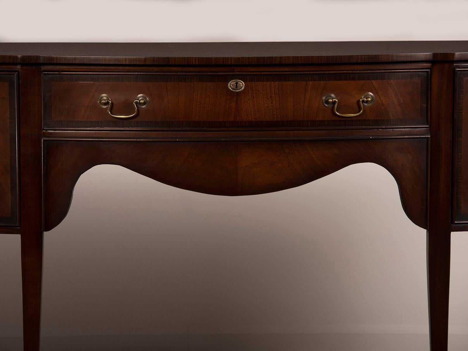 English Sheraton Style Serpentine Front Mahogany Sideboard Crossbanded with Rosewood For Sale