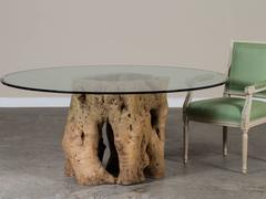 Live Edge Natural Teak Tree Trunk Table with Round Glass Top, Indonesia