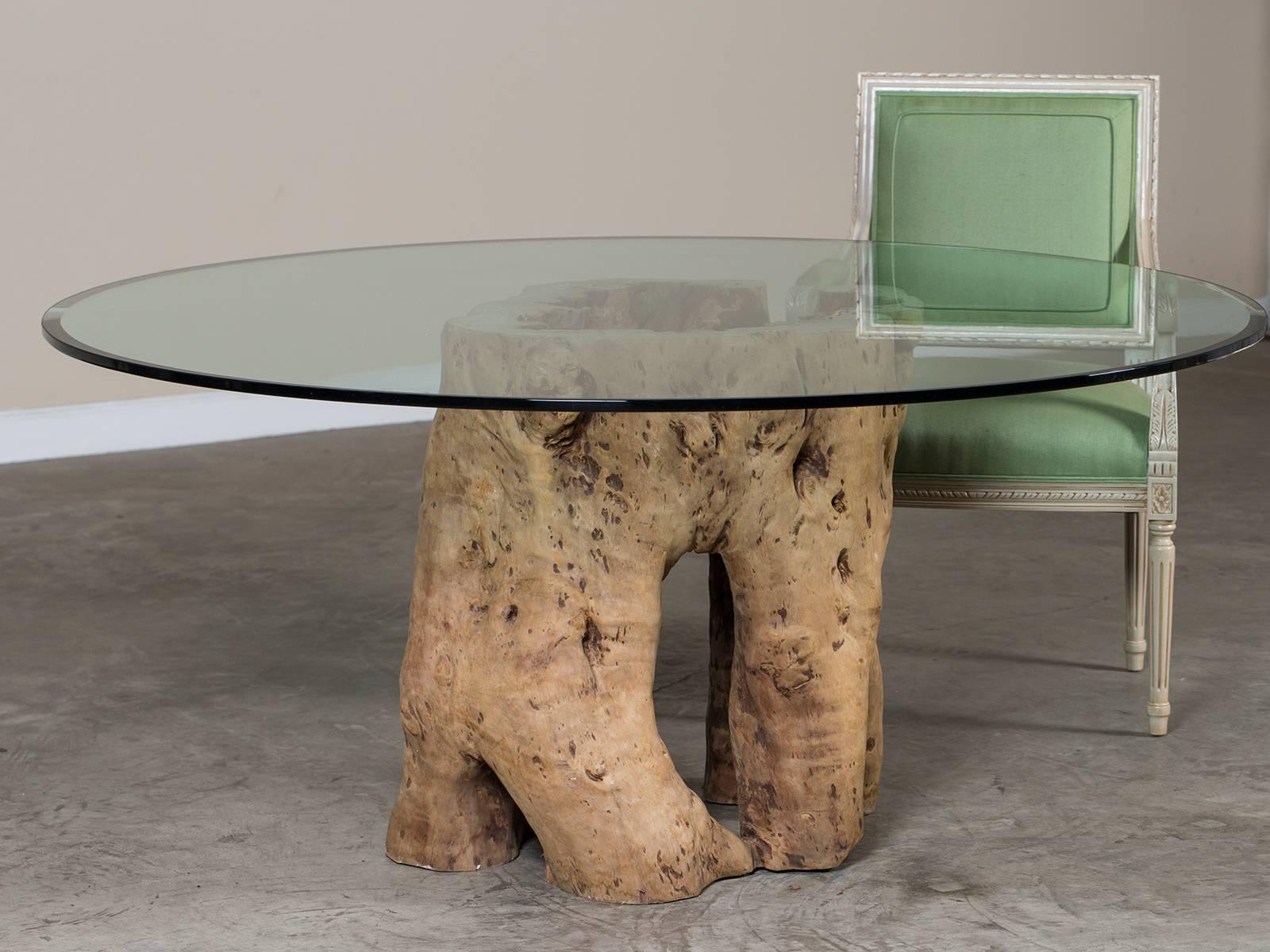 Contemporary Live Edge Natural Teak Tree Trunk Table with Round Glass Top, Indonesia