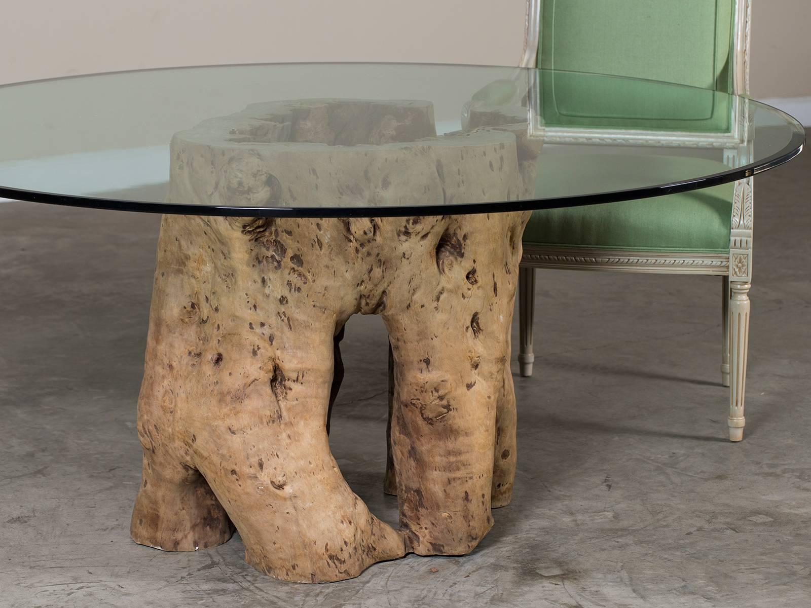 tree trunk table with glass top