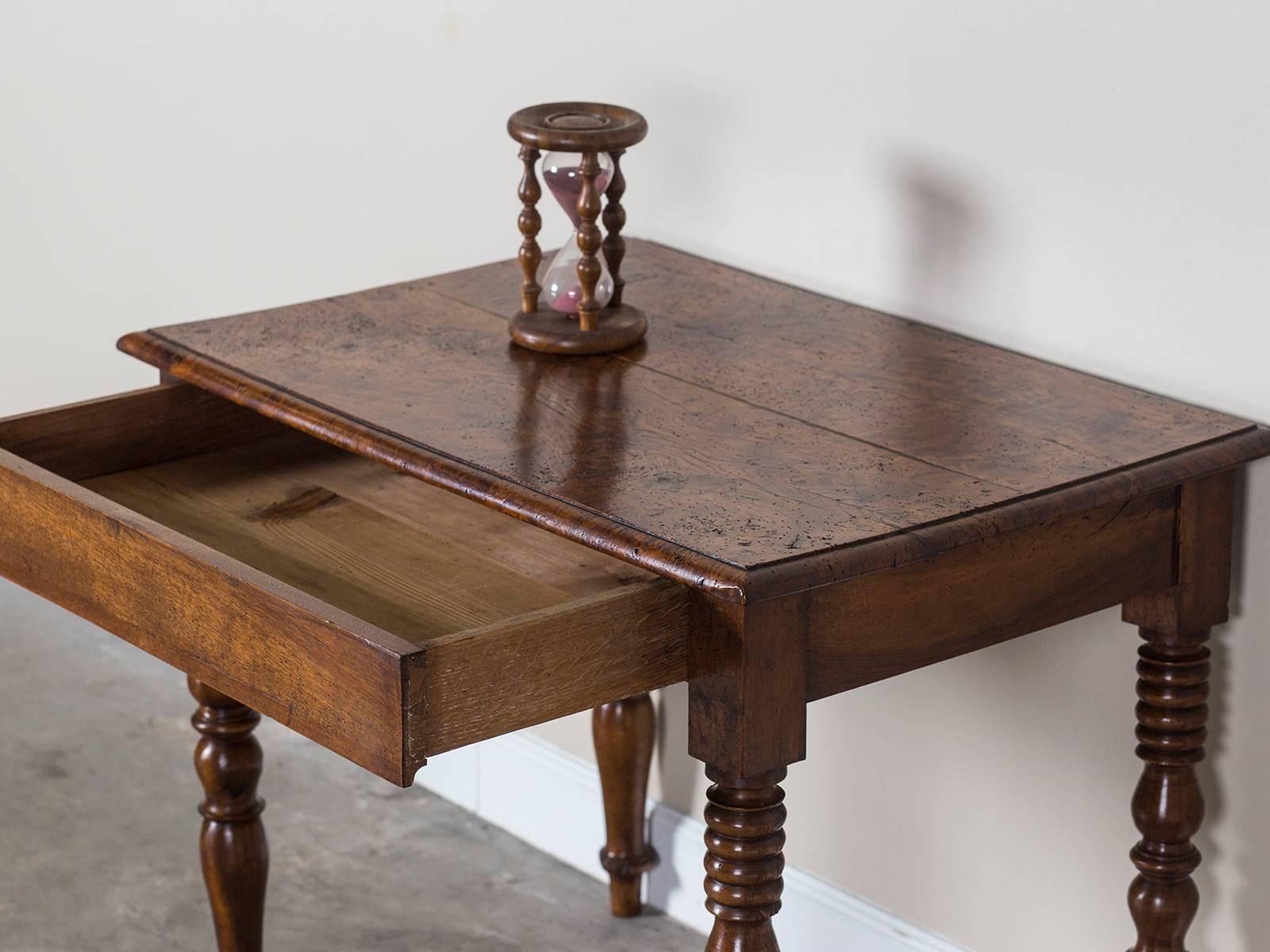 Antique French Louis Philippe Burl Chestnut Table with Drawer, circa 1850 2