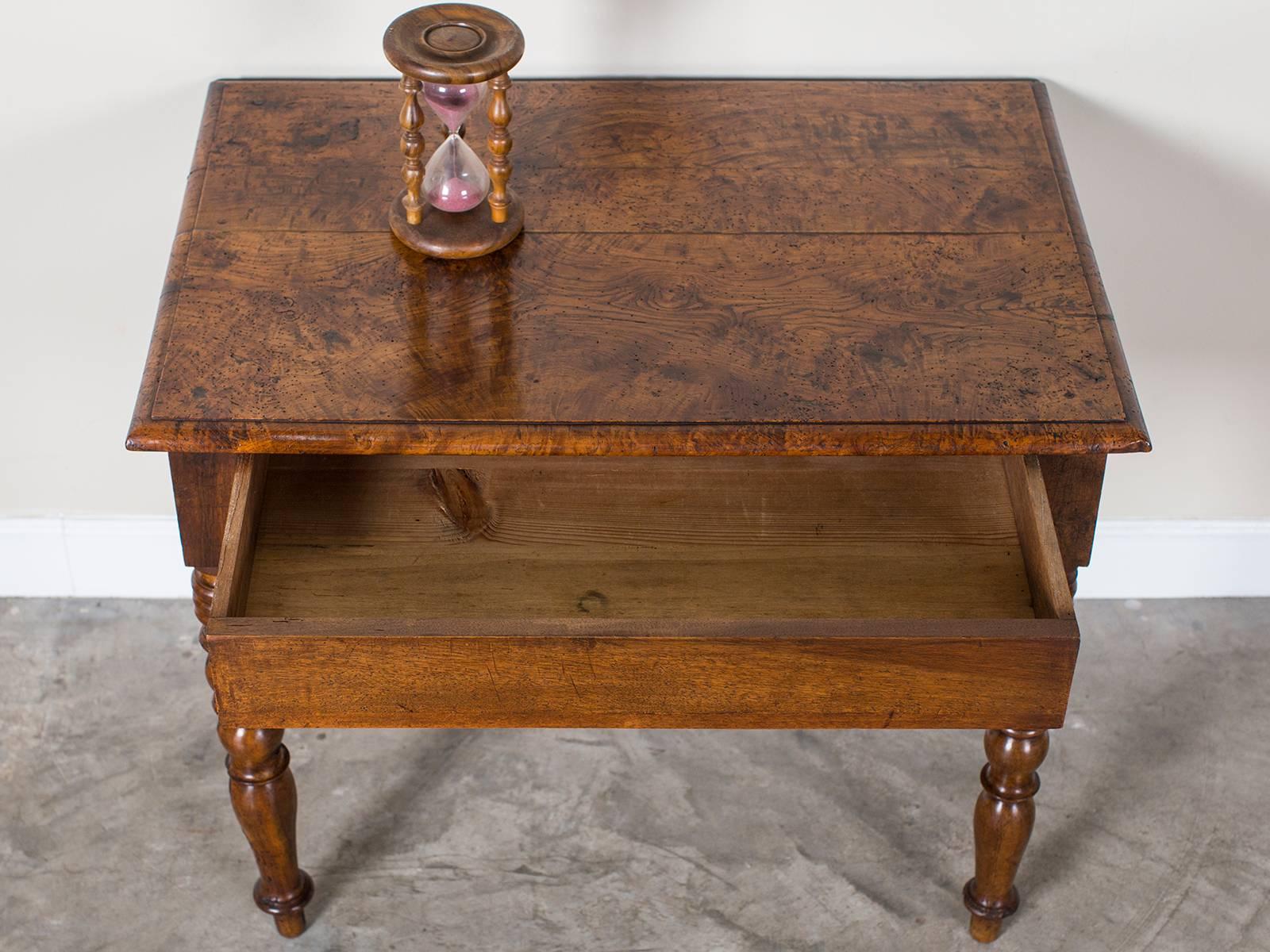 Antique French Louis Philippe Burl Chestnut Table with Drawer, circa 1850 1