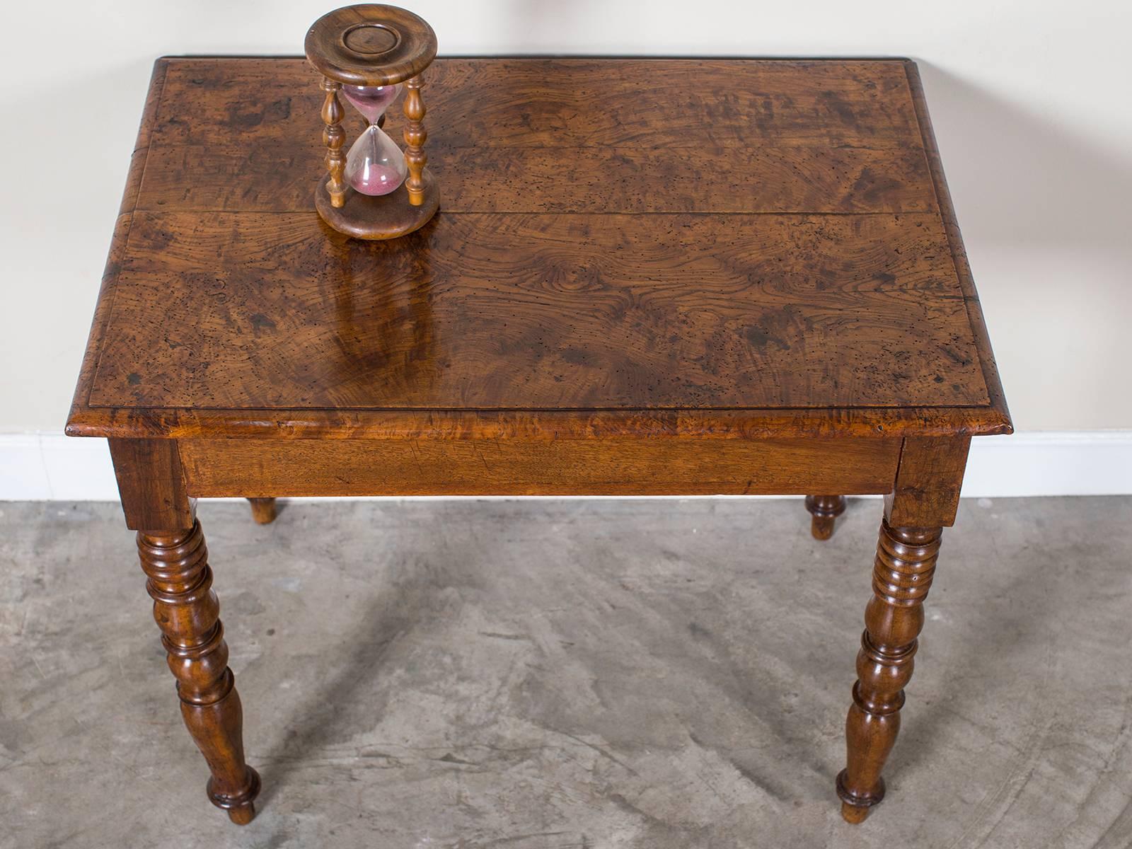 Mid-19th Century Antique French Louis Philippe Burl Chestnut Table with Drawer, circa 1850