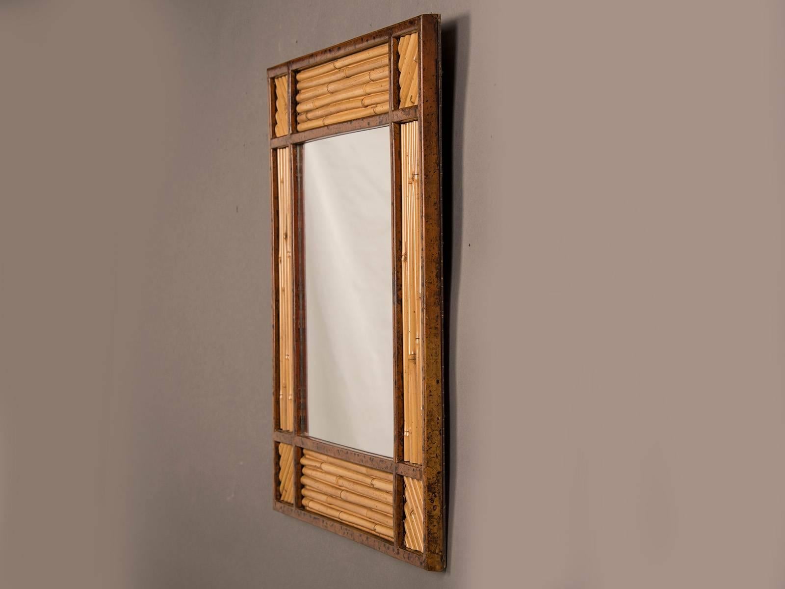 Vintage French Square Rattan Bamboo Framed Mirror, circa 1960  1