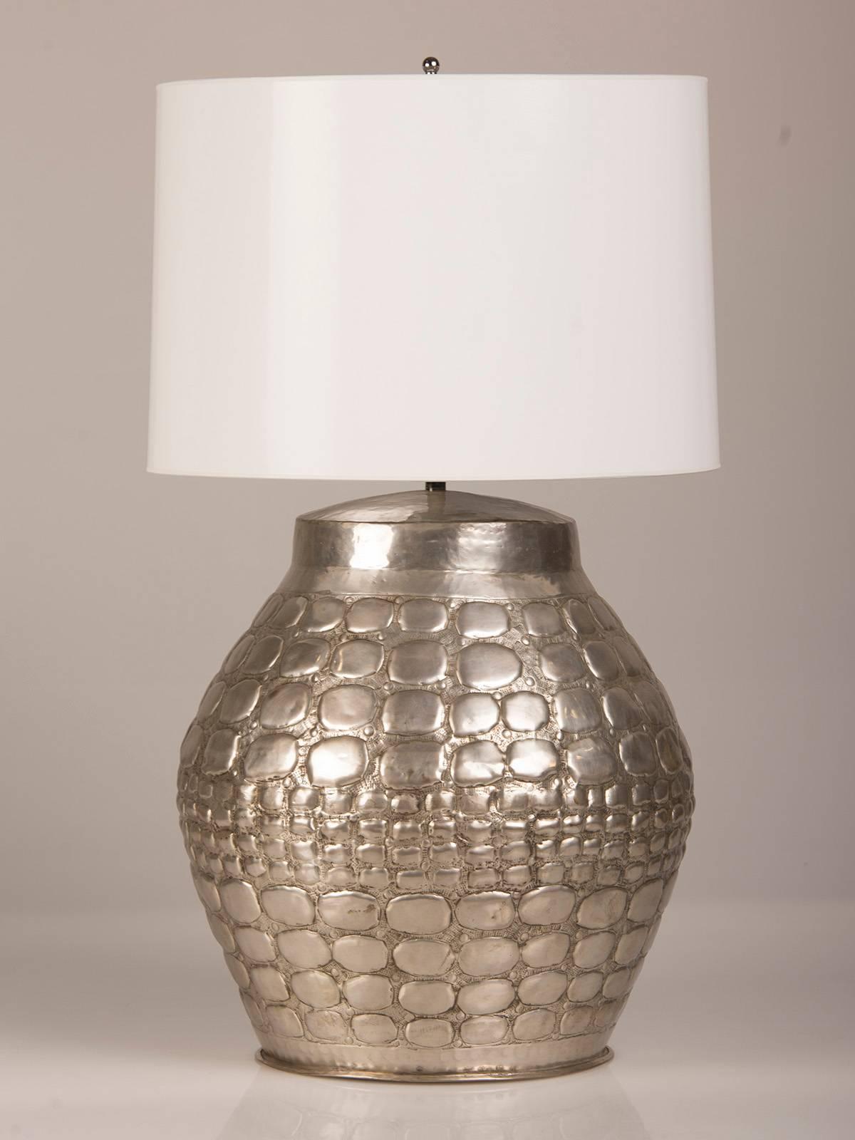 Receive our new selections direct from 1stdibs by email each week. Please click on “Follow Dealer” button below and see them first!

Crocodile pattern metal table lamp found in France. The enormous scale of this lamp with its metal surface
