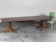 Burl Walnut Sheraton Style Double Pedestal Dining Table, Two Leaves