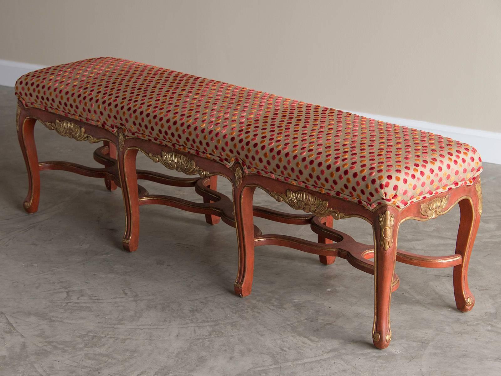 Hand-Painted French Regence Style Painted Bench, Eight Cabriole Legs with Stretchers