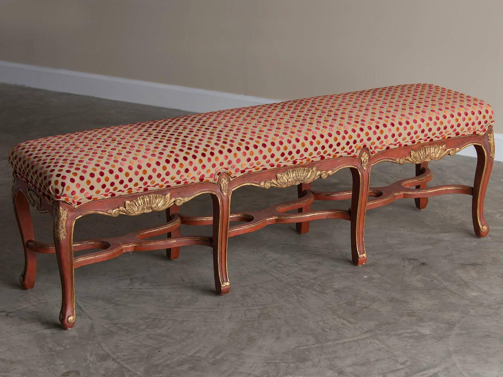 Receive our new selections direct from 1stdibs by email each week. Please click Follow Dealer below and see them first!

Regence style painted bench, eight cabriole legs with stretchers, upholstered seat, France. This attractive bench features the