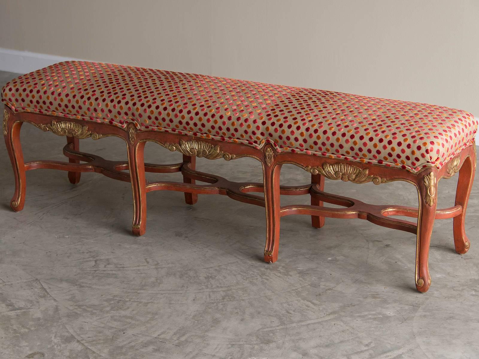 French Regence Style Painted Bench, Eight Cabriole Legs with Stretchers In Excellent Condition In Houston, TX