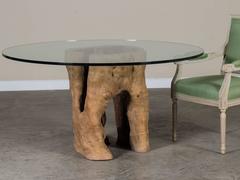 Live Edge Natural Teak Tree Trunk Table with Round Glass Top, Indonesia