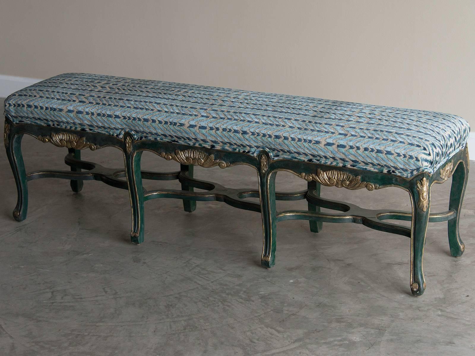 French Regence Style Painted Bench, Eight Cabriole Legs with Stretchers