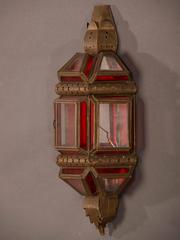 Vintage Moroccan Brass Wall Sconce with Red and Clear Glass Panels, circa 1930