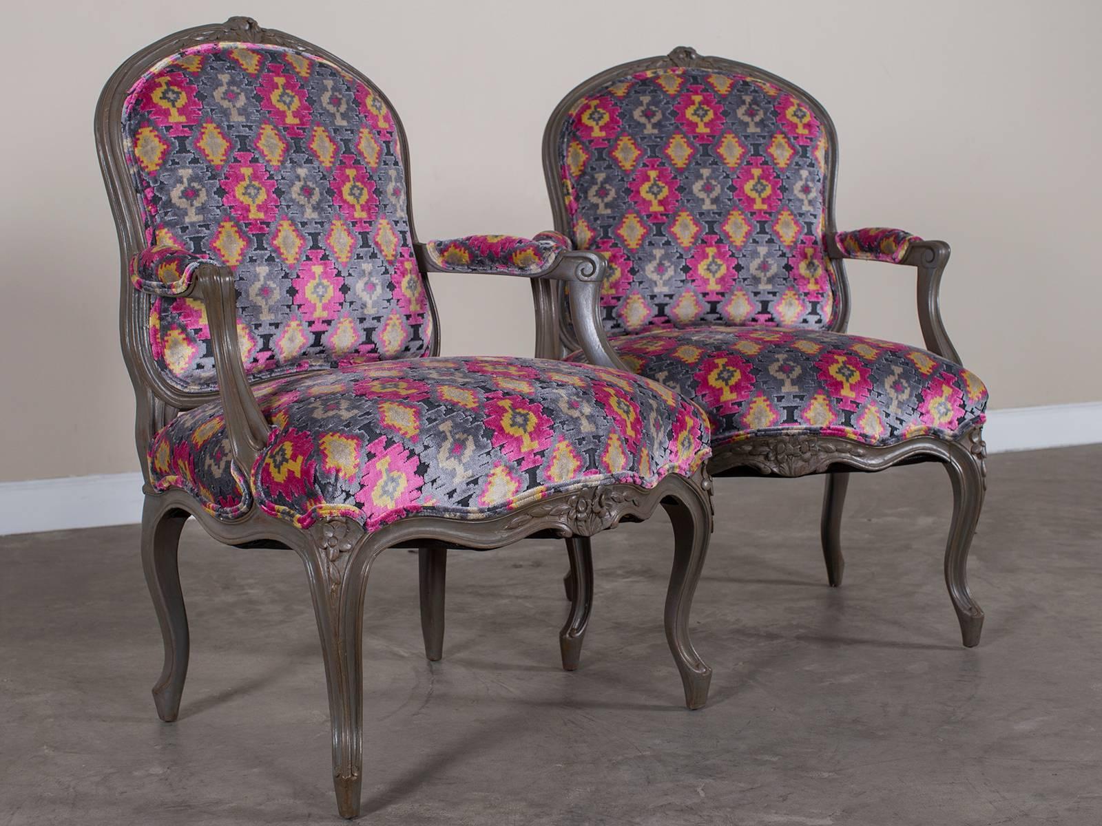 Hand-Painted Pair of Antique French Louis XV Style Painted Armchairs, circa 1875