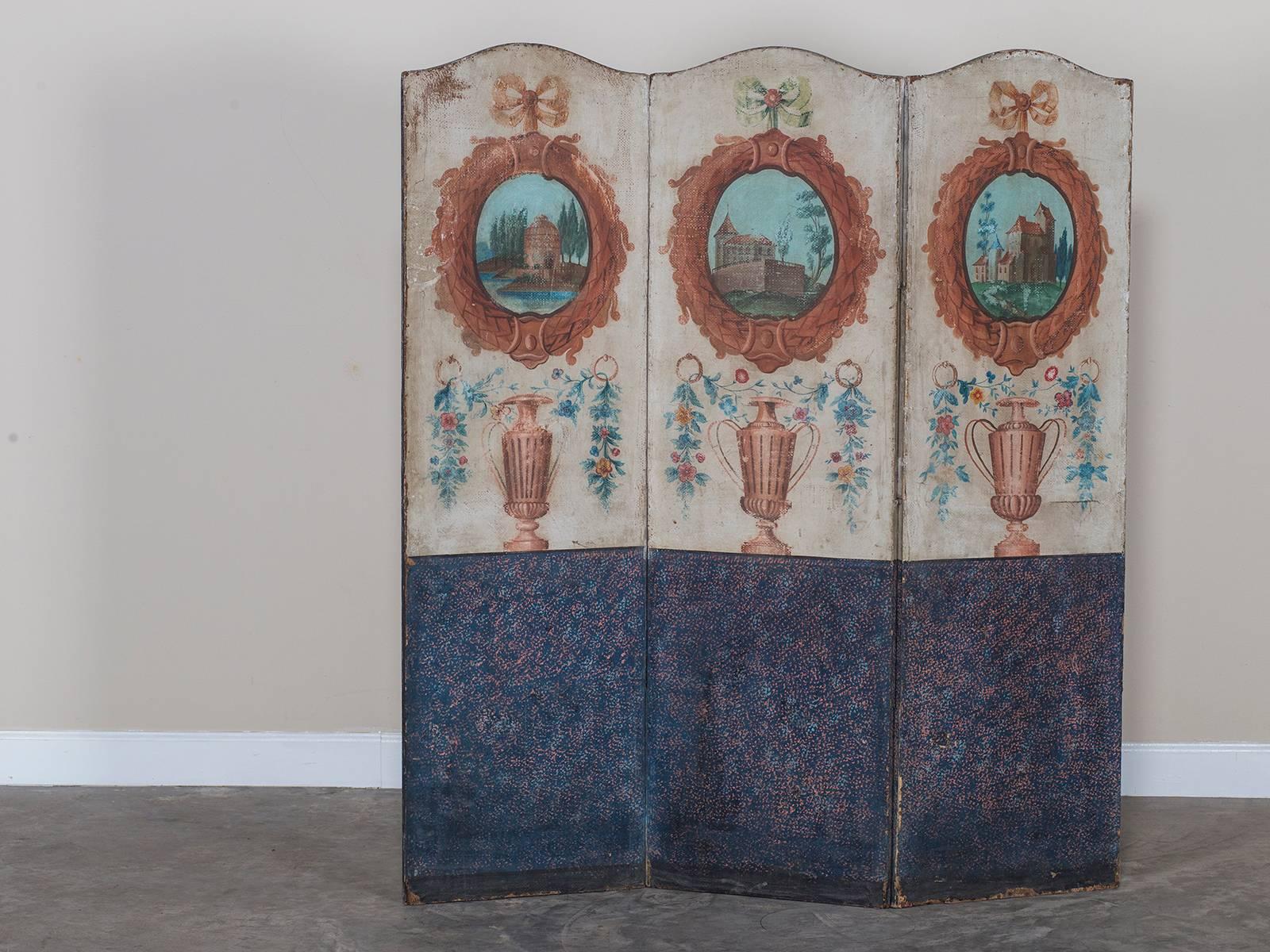 Antique French Painted Screen Paravent, circa 1880 For Sale 2