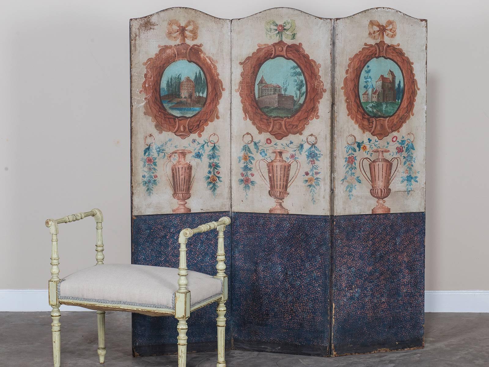 Receive our new selections direct from 1stdibs by email each week. Please click follow dealer below and see them first!

The painted design on this antique French screen or paravent, circa 1880 is full of neoclassical references with a sense of
