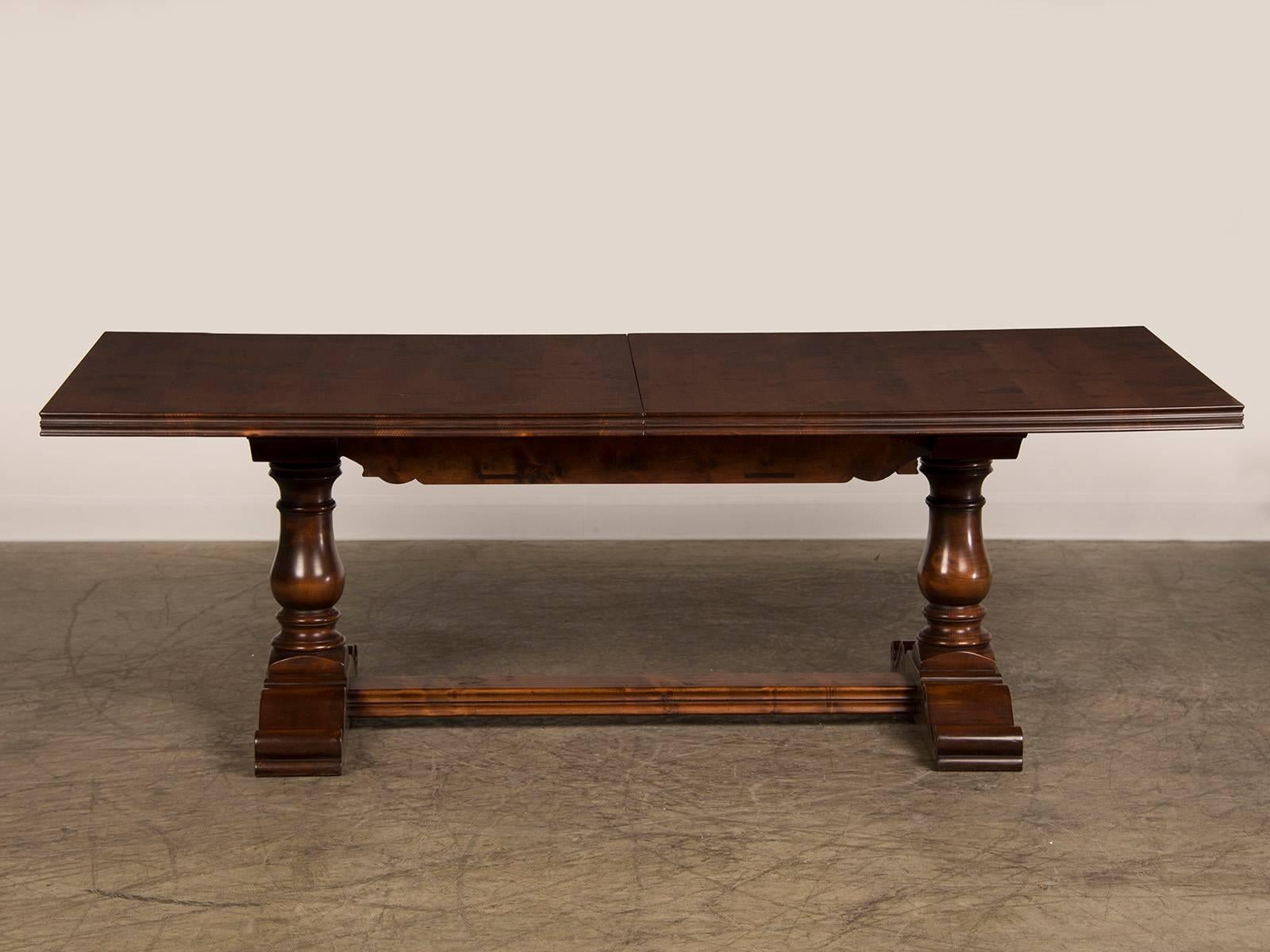 Renaissance English Hand-Planed, Waxed Cherrywood Trestle Dining Table with Three Leaves