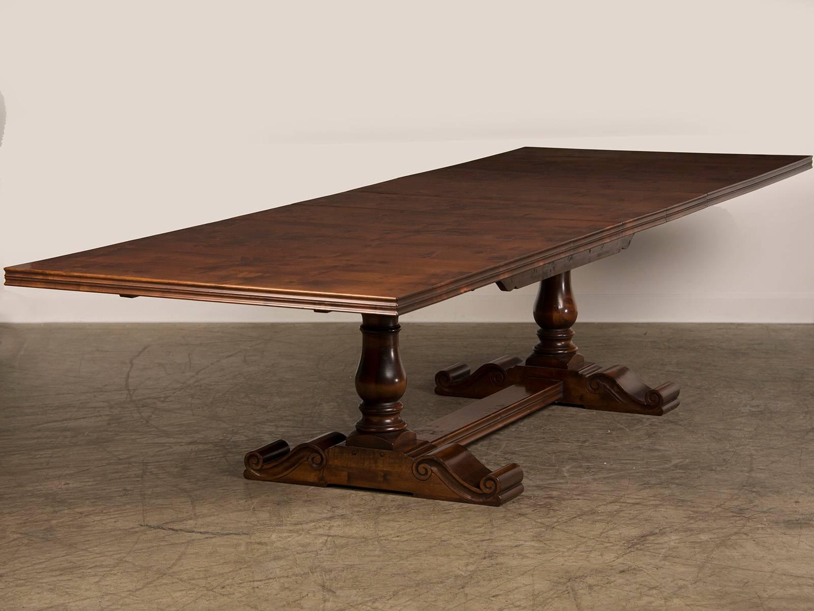 English Hand-Planed, Waxed Cherrywood Trestle Dining Table with Three Leaves 5