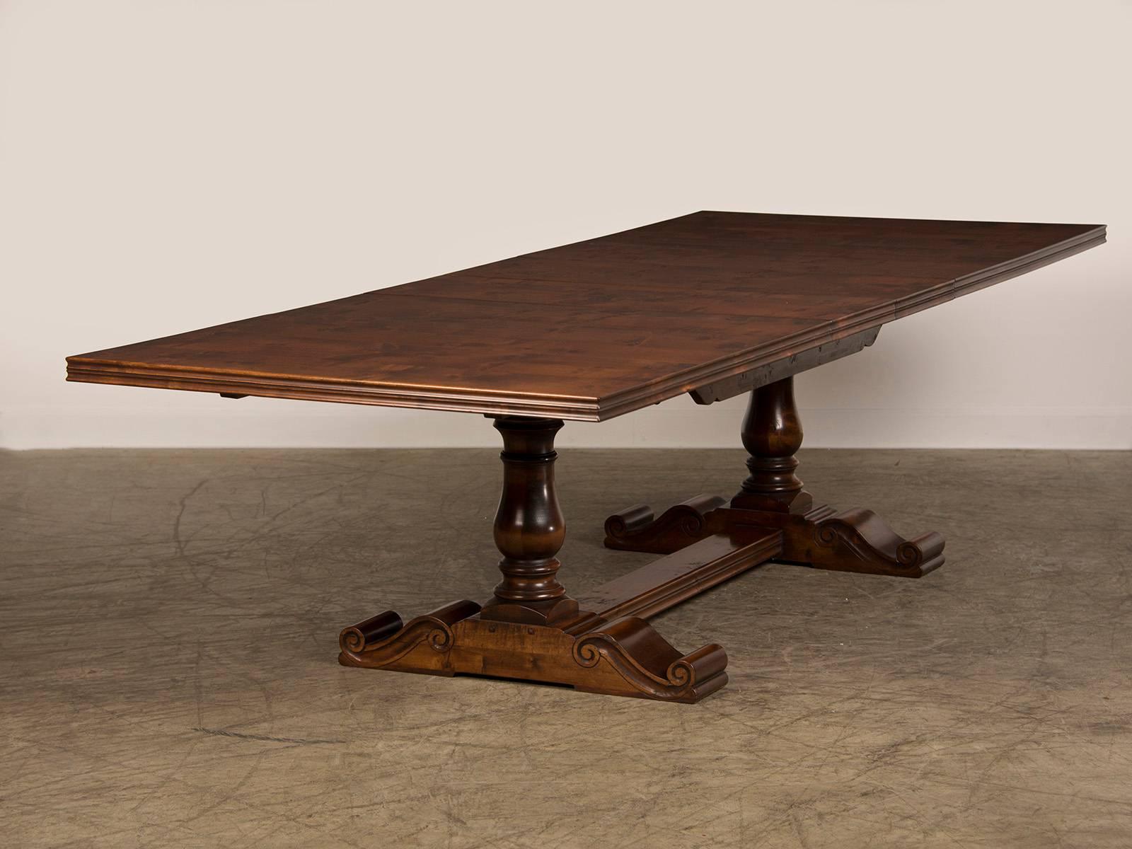 English Hand-Planed, Waxed Cherrywood Trestle Dining Table with Three Leaves 3