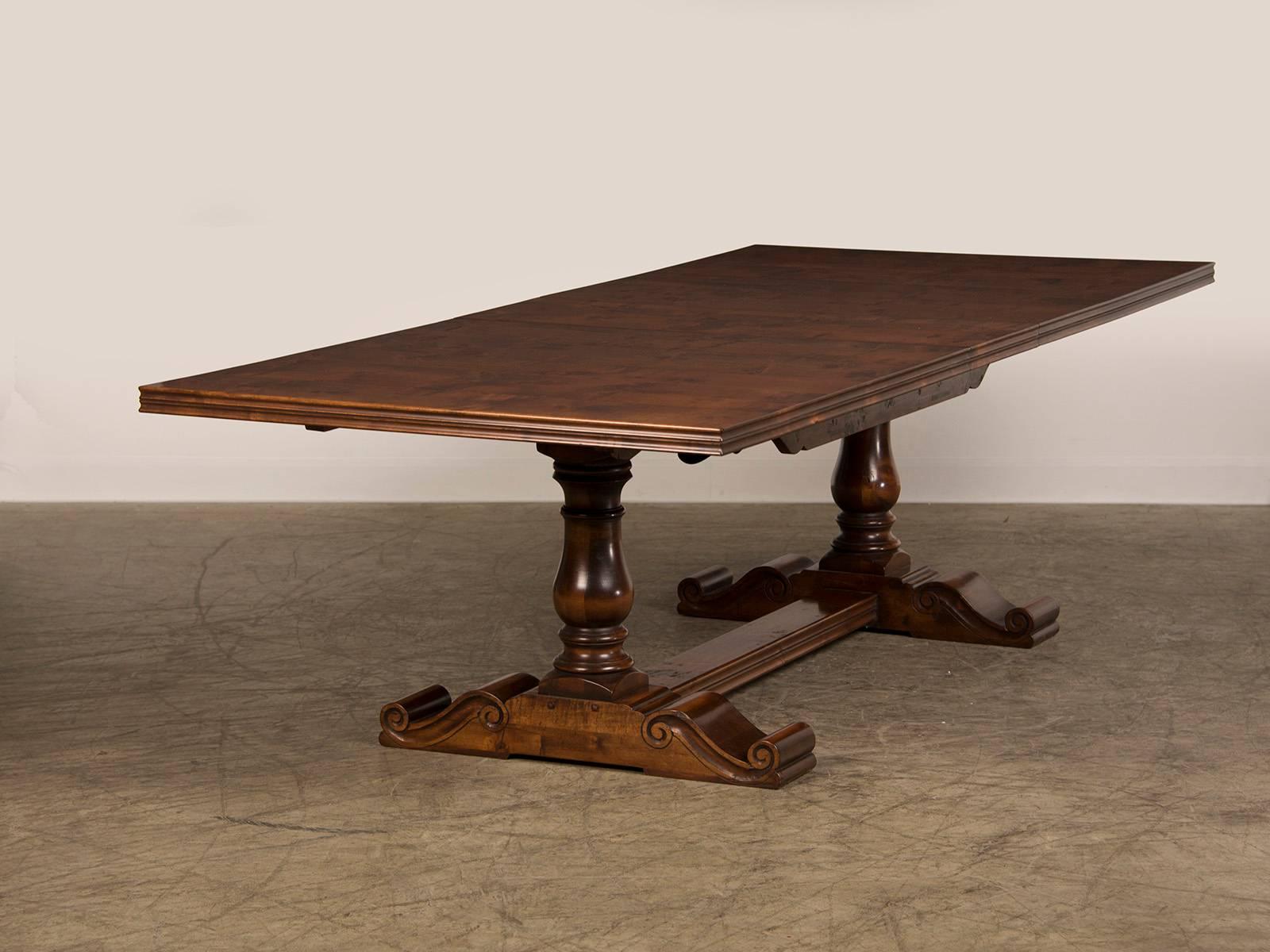 English Hand-Planed, Waxed Cherrywood Trestle Dining Table with Three Leaves 4