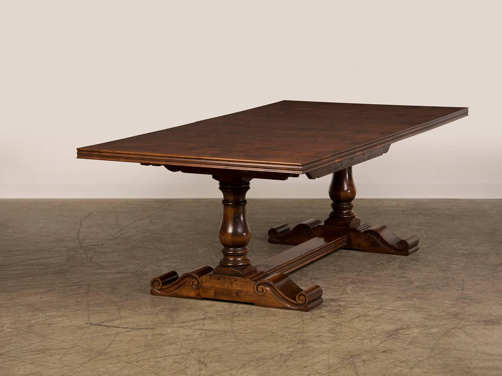 English Hand-Planed, Waxed Cherrywood Trestle Dining Table with Three Leaves 1