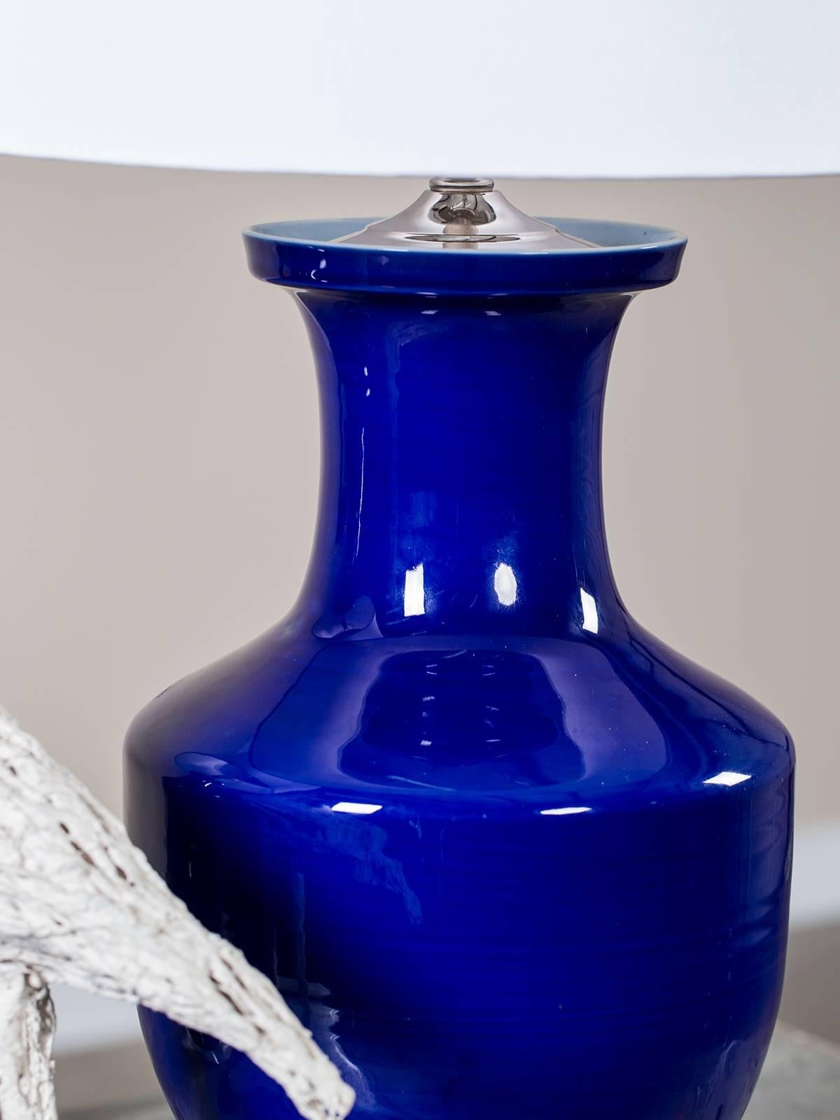 Mid-20th Century Pair of Vintage Cobalt Blue Chinese Vases, circa 1940 Mounted as Custom Lamps