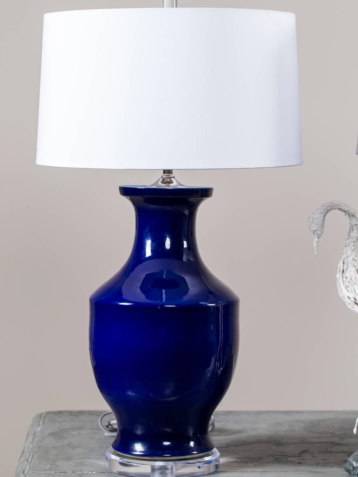 Chinese Export Pair of Vintage Cobalt Blue Chinese Vases, circa 1940 Mounted as Custom Lamps