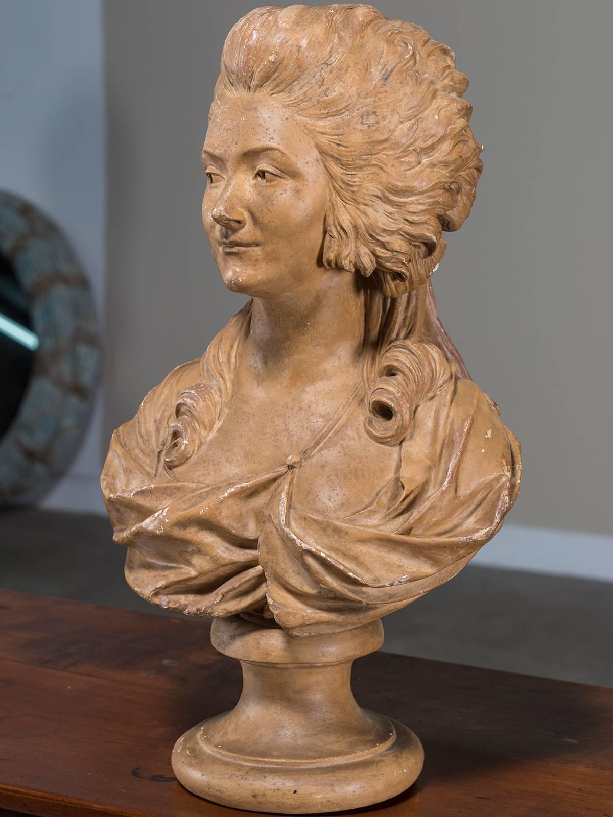 Antique French Terracotta Plaster Bust of Marie Antoinette, circa 1875 In Excellent Condition In Houston, TX