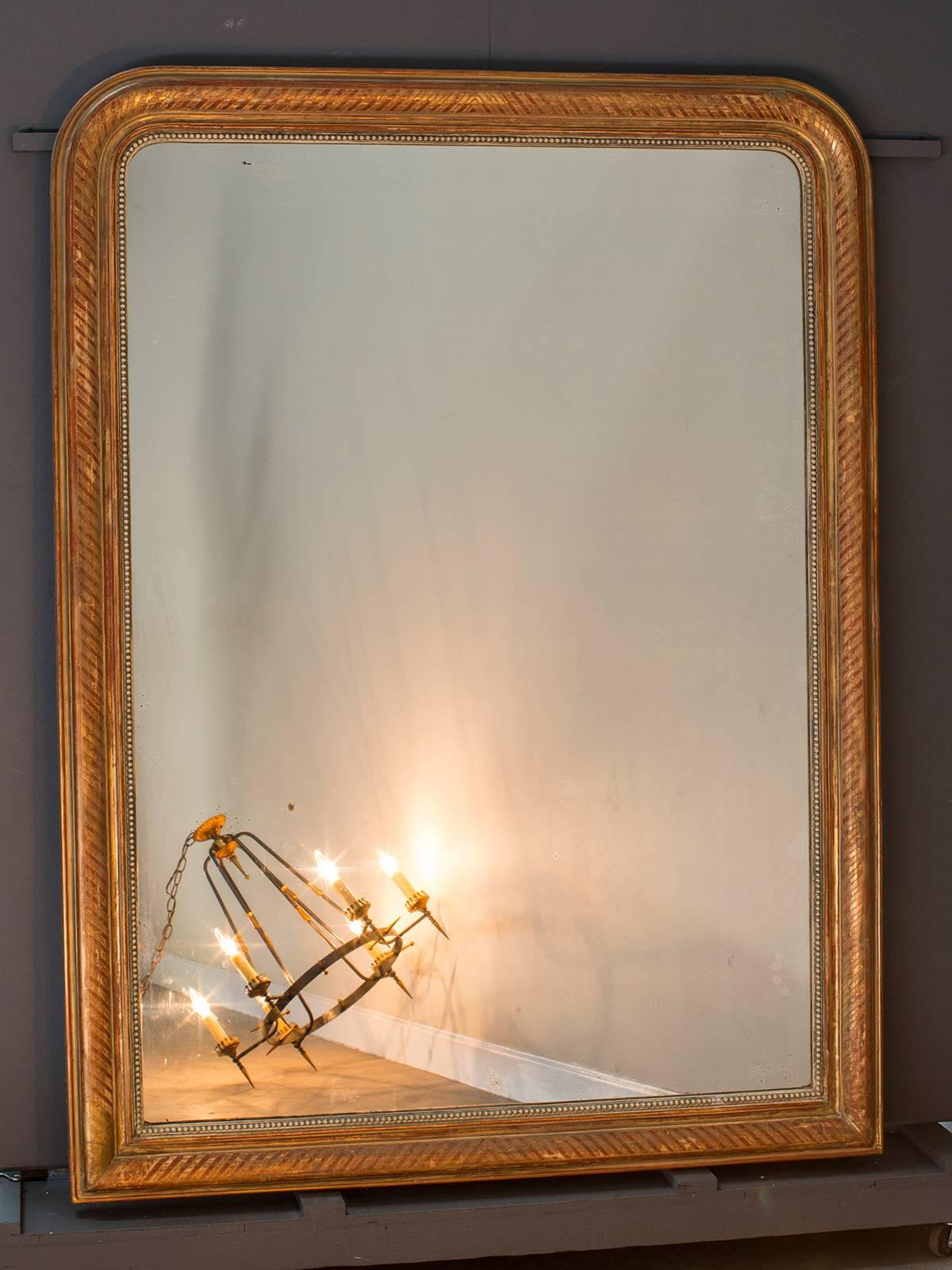 Large Louis Philippe Antique French Gold Leaf Mirror, circa 1880 In Excellent Condition For Sale In Houston, TX
