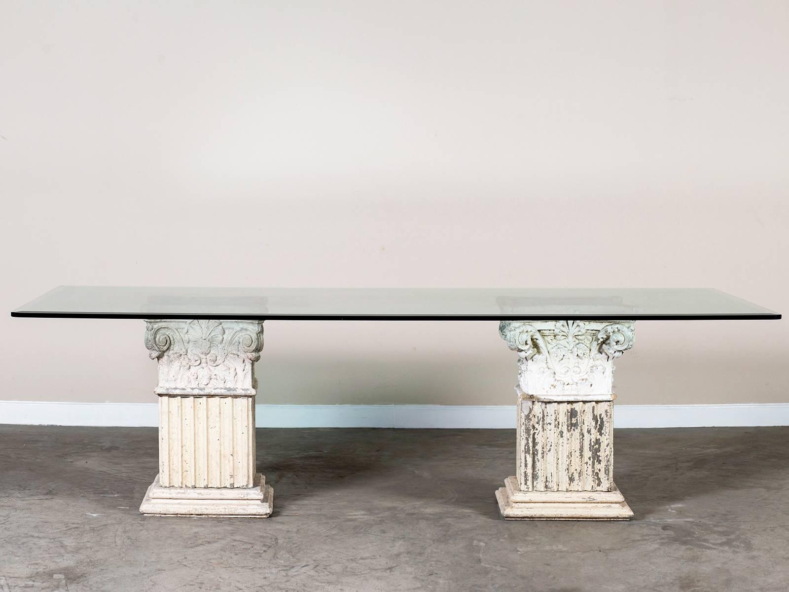 Late 20th Century Vintage Italian Neoclassical Pedestal Cast Stone Table Base with Glass Top For Sale