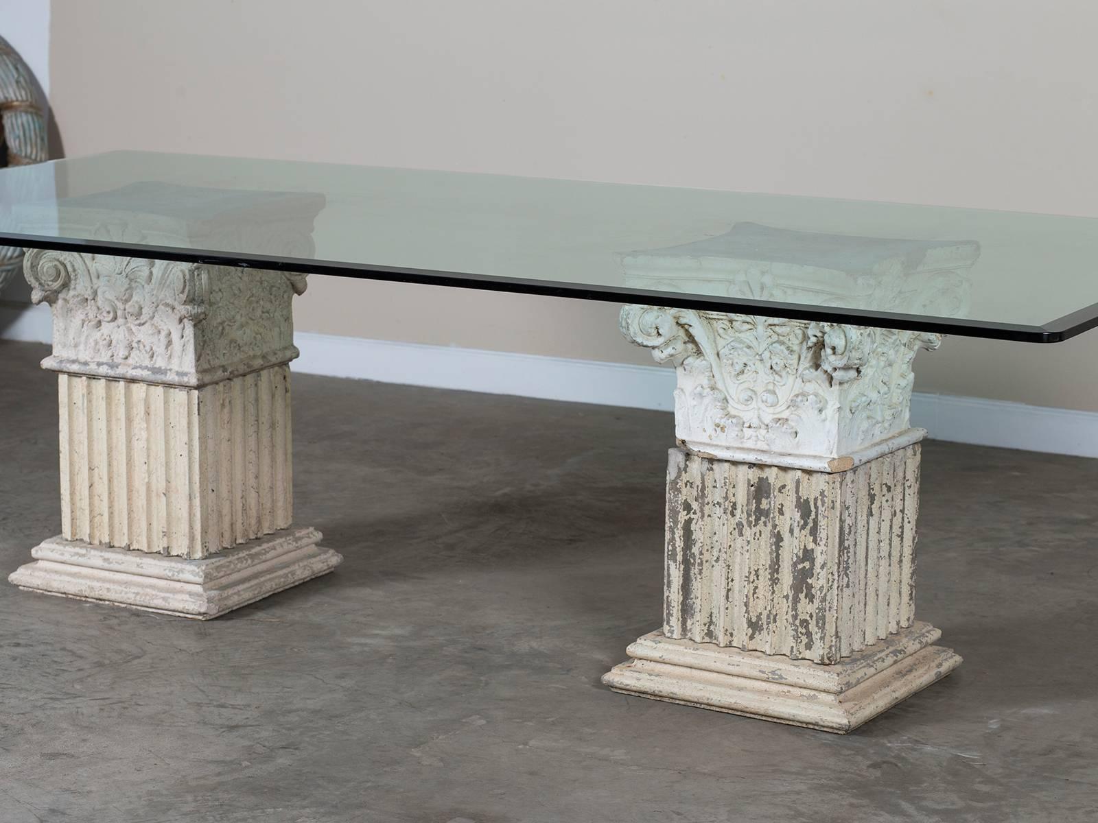 Vintage Italian Neoclassical Pedestal Cast Stone Table Base with Glass Top For Sale 1