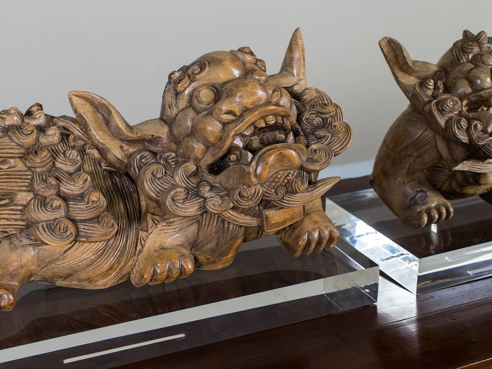 Pair of Antique Chinese Foo Guardian Lions circa 1875 on Custom Lucite Stands In Excellent Condition In Houston, TX