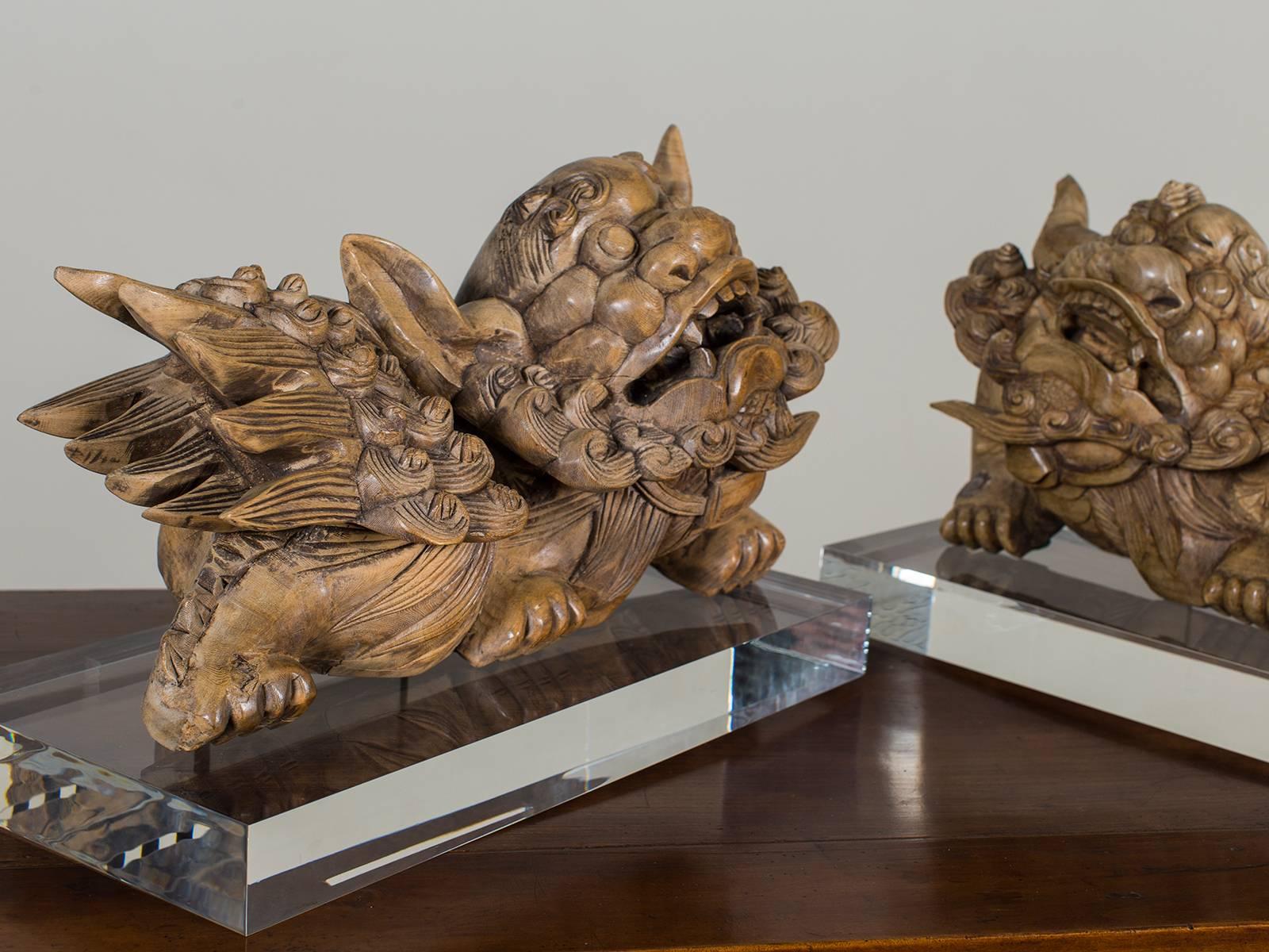 Pair of Antique Chinese Foo Guardian Lions circa 1875 on Custom Lucite Stands 3