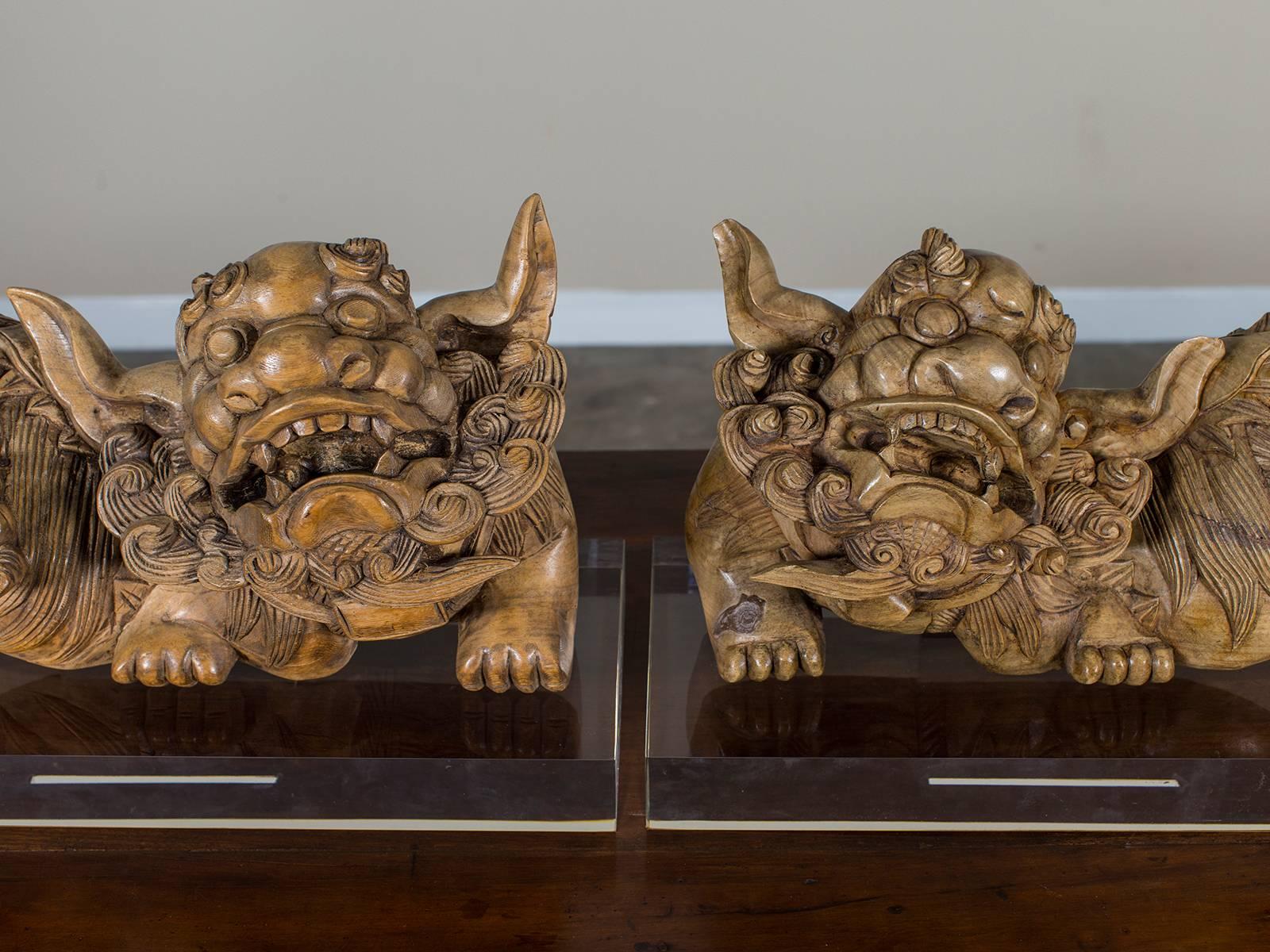 Pair of Antique Chinese Foo Guardian Lions circa 1875 on Custom Lucite Stands 6