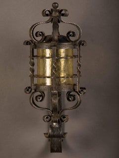 French Forged Iron Wall Lantern, Glass Shade, circa 1940