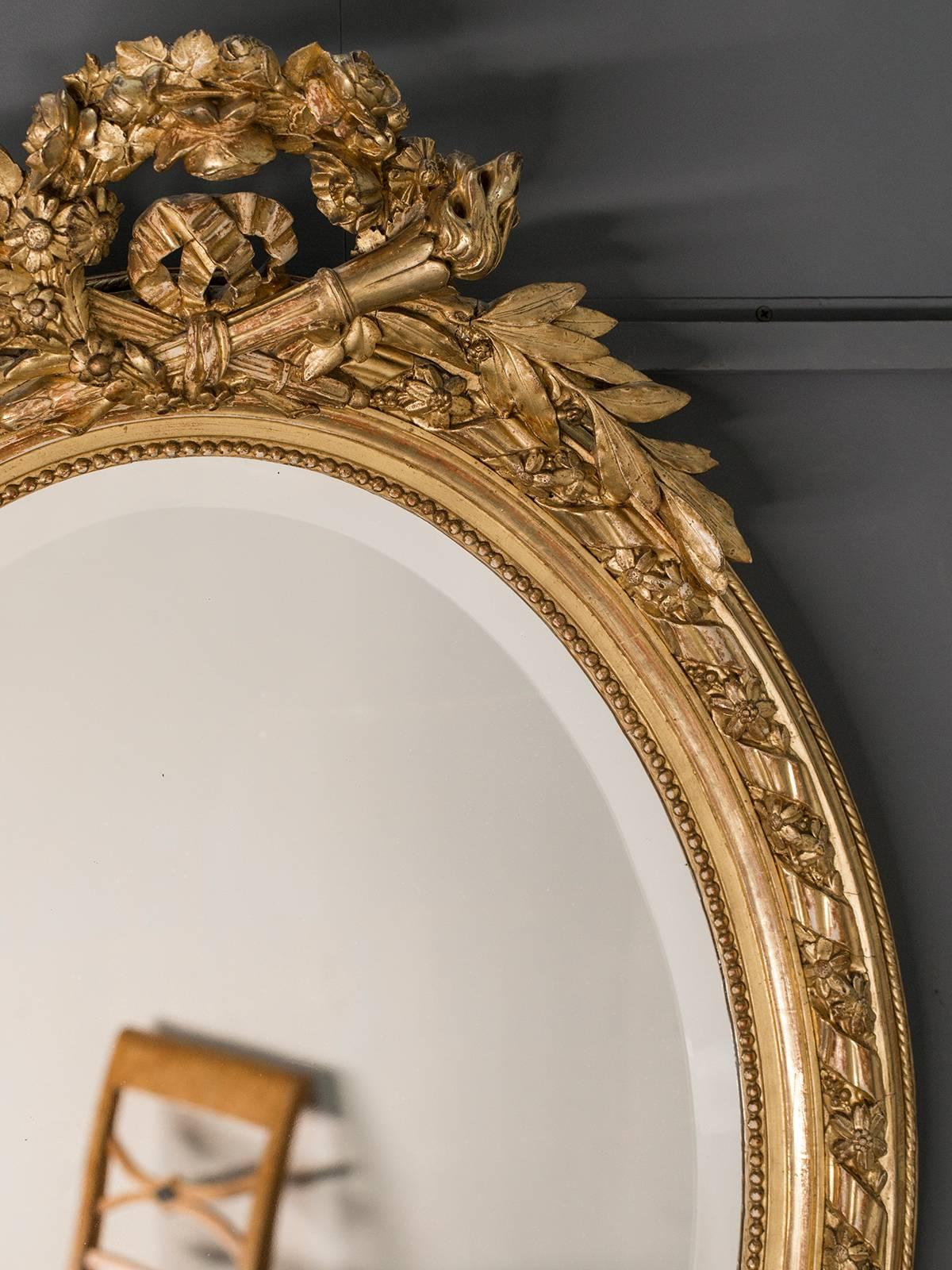 Louis XIV Antique French, Louis XVI Style Oval Mirror, circa 1890