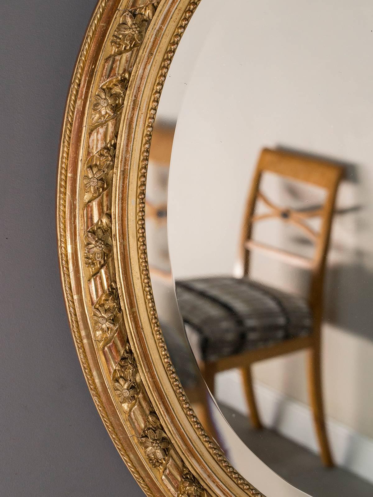 Hand-Carved Antique French, Louis XVI Style Oval Mirror, circa 1890