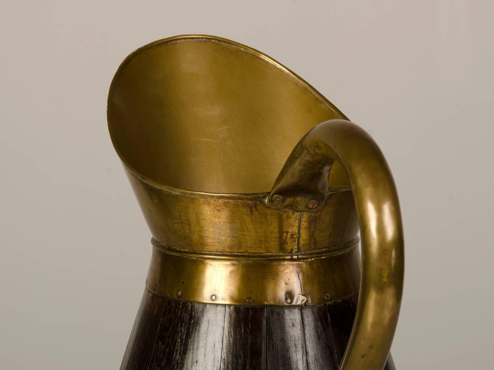 Country Huge Antique English Brass Bound Oak Beer Ale Pitcher, circa 1890 For Sale