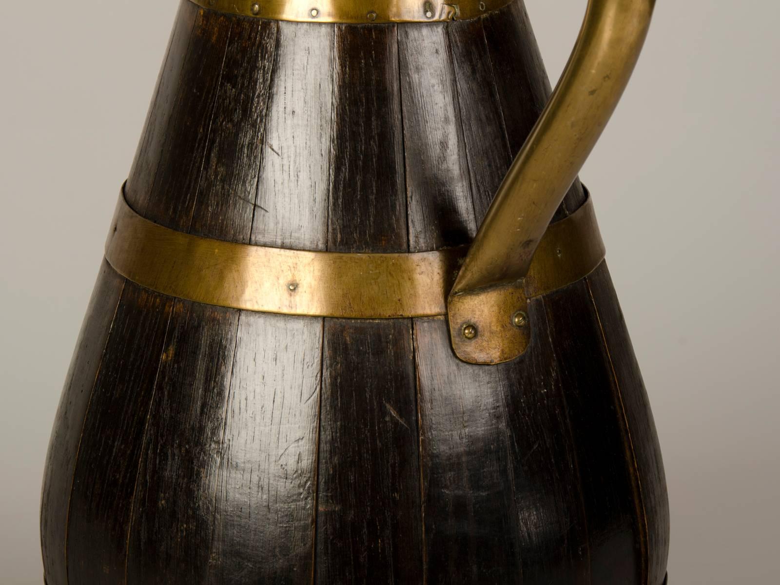 Carved Huge Antique English Brass Bound Oak Beer Ale Pitcher, circa 1890 For Sale