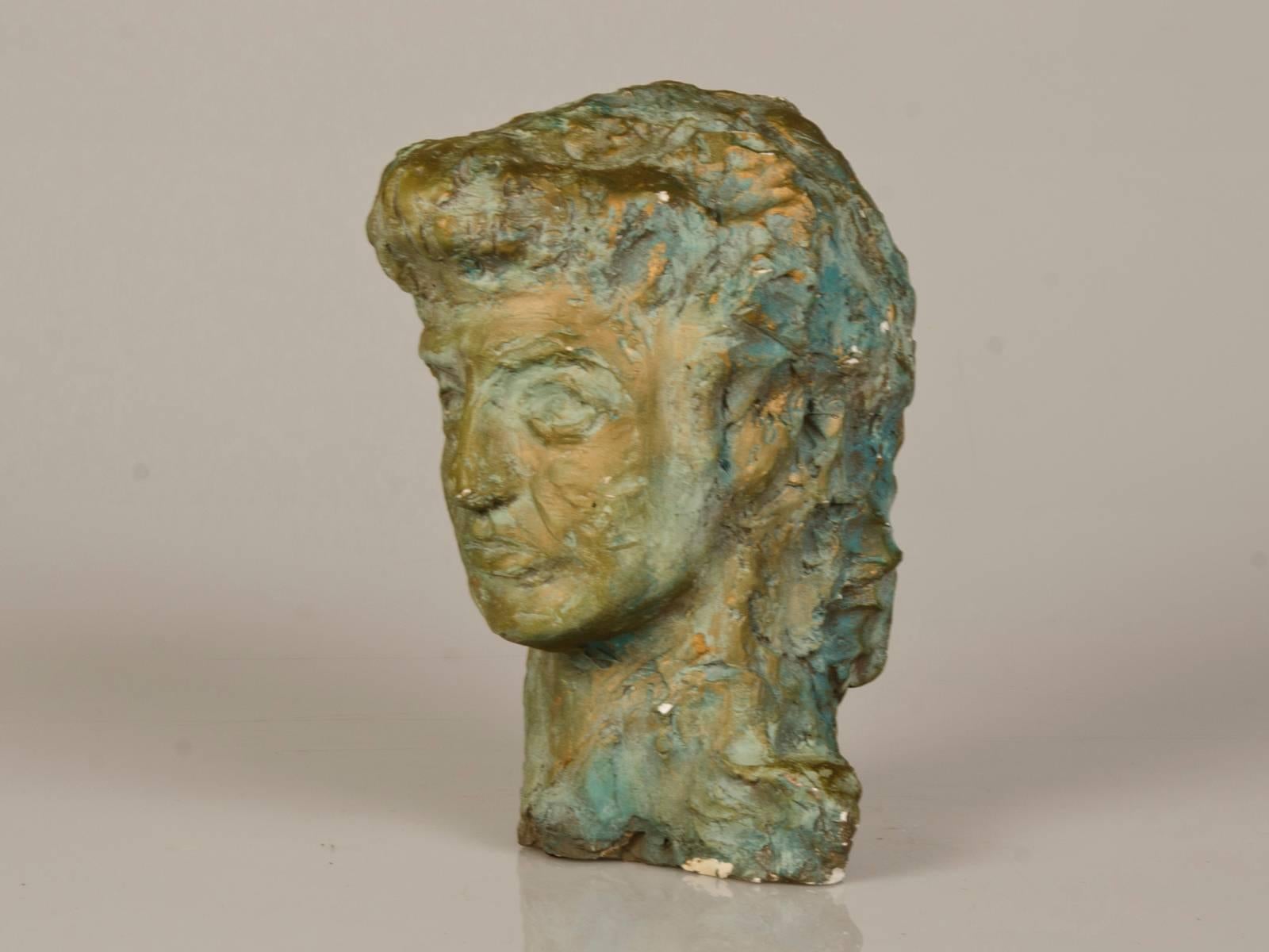 Cast Art Deco French Sculpture of a Male Head in Patinated Plaster, circa 1930