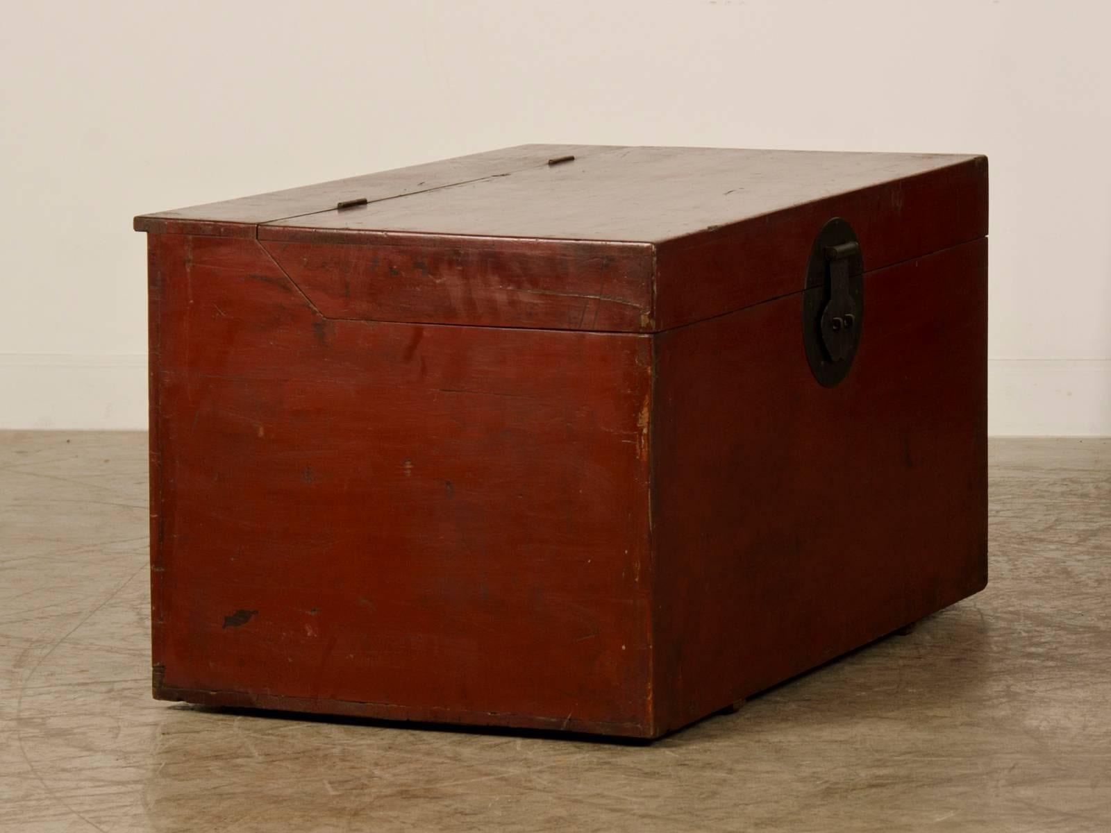 Bronzed Large Antique Chinese Red Lacquer Trunk Kuang Hsu Period, circa 1875 For Sale