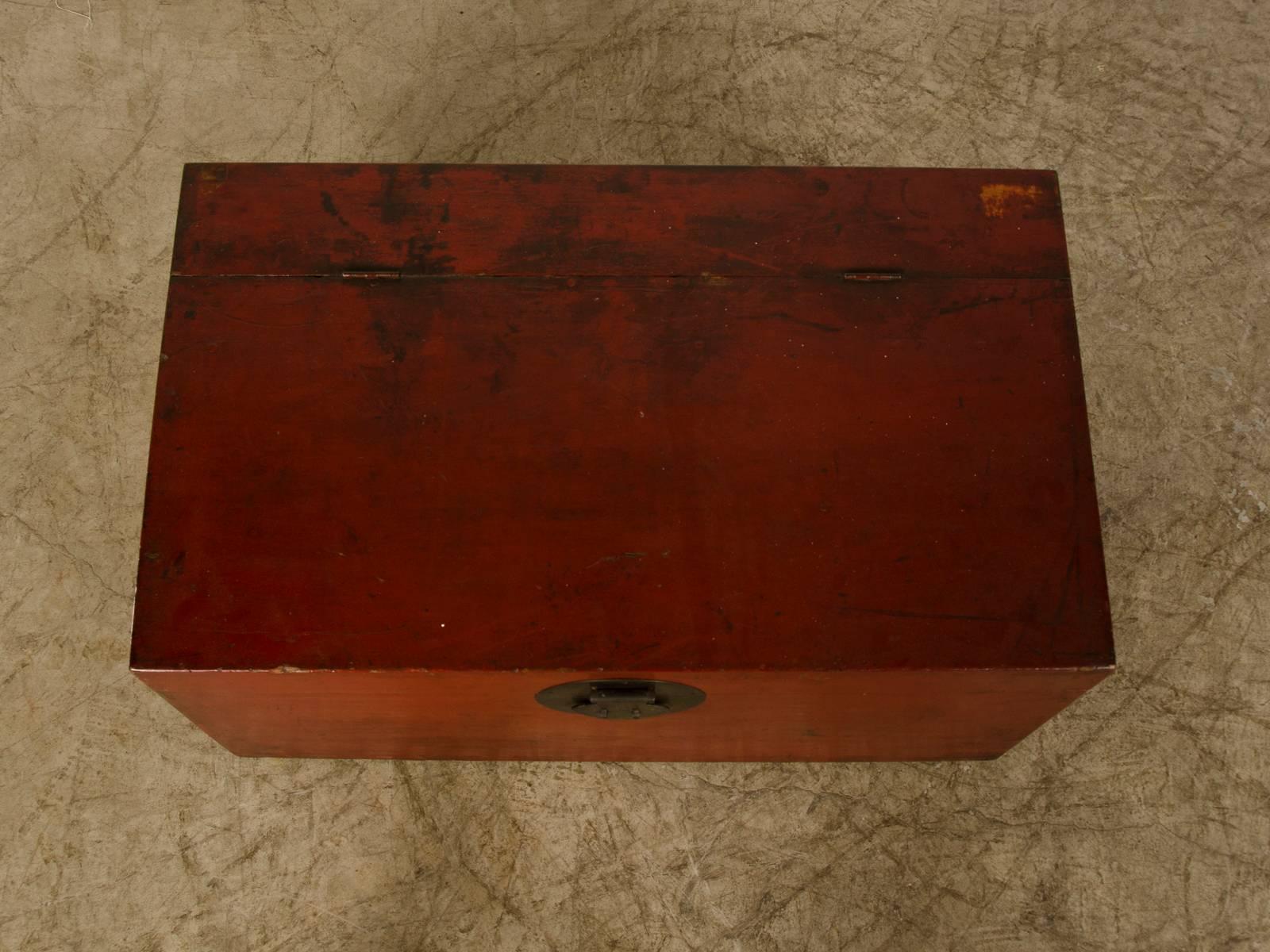 Metal Large Antique Chinese Red Lacquer Trunk Kuang Hsu Period, circa 1875 For Sale