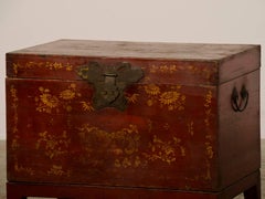 Antique Chinese Red Lacquer Trunk with Gold Decoration, circa 1875