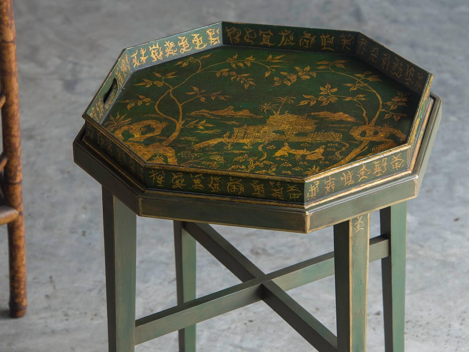 Gilt Chinoiserie Painted, Gilded Octagonal Antique English Tray Table, circa 1910